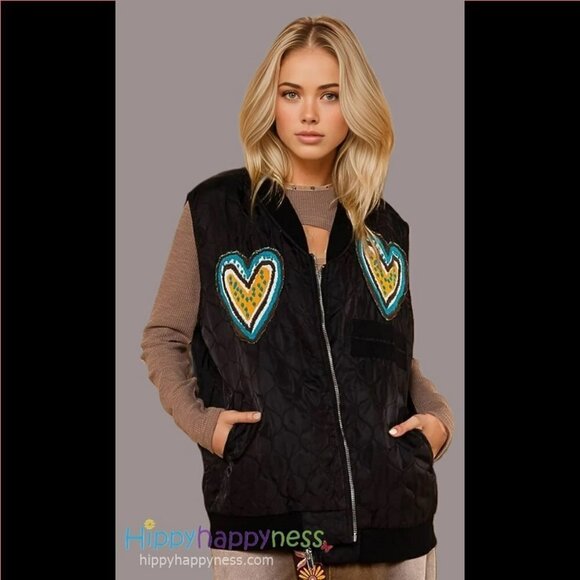 POL Clothing Whimsical Light Quilted Vest Black with Heart Patches S/M & M/L NWT - Picture 4 of 5